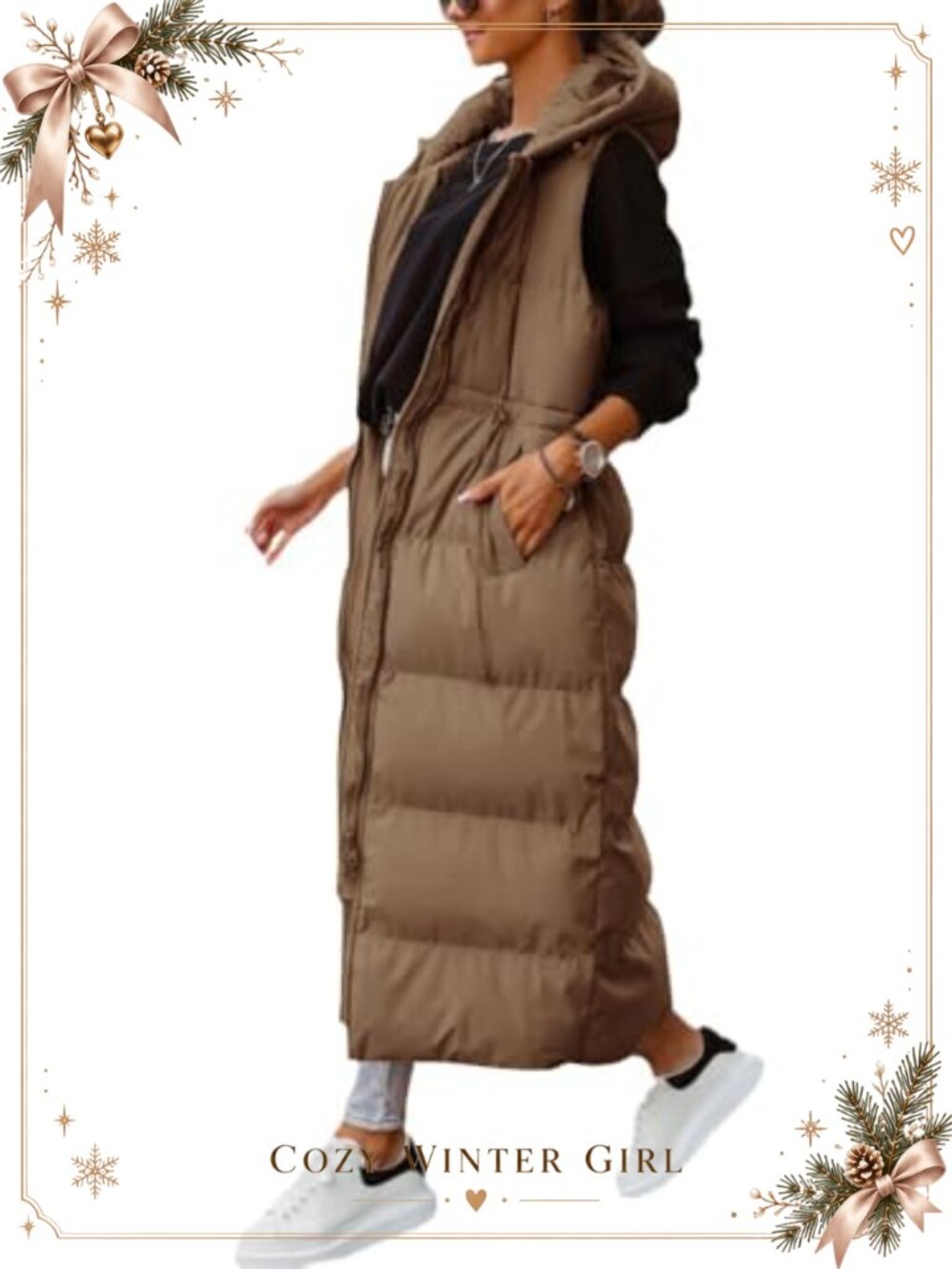 Women's Long Quilted Hooded Puffer Vest Maxi Sleeveless Winter Coat